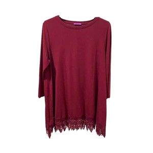 Mountain Mamas L / XL 3/4 Sleeve Round Neck Burgundy Tunic Dress, Crochet Hem